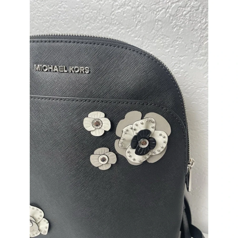 Michael Kors Emmy Dome.Women's Medium Black Backpack w/Flowers Silver Hardware